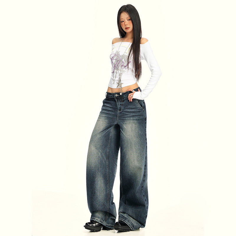 Women's Washed Straight Jeans - Loose Floor-Length Wide-Leg Pants