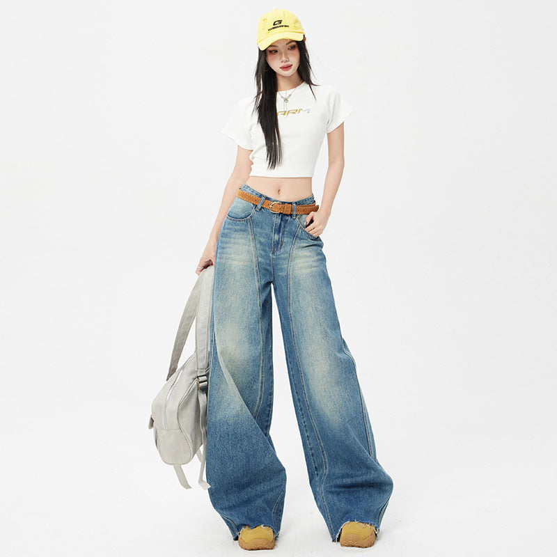 Women's Blue Wide-Leg Scissors Denim Pants - Loose Drape Floor-Length Trousers