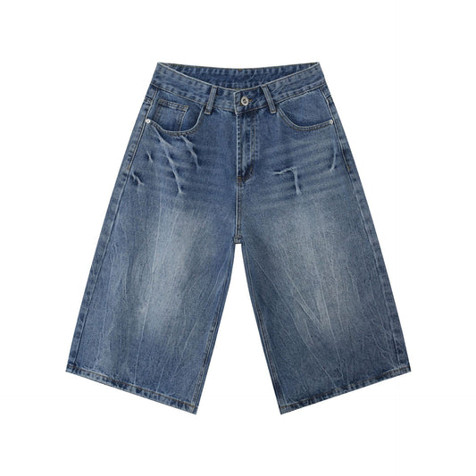 American Style Lightning Cracked Seven-Quarter Denim Pants for Men