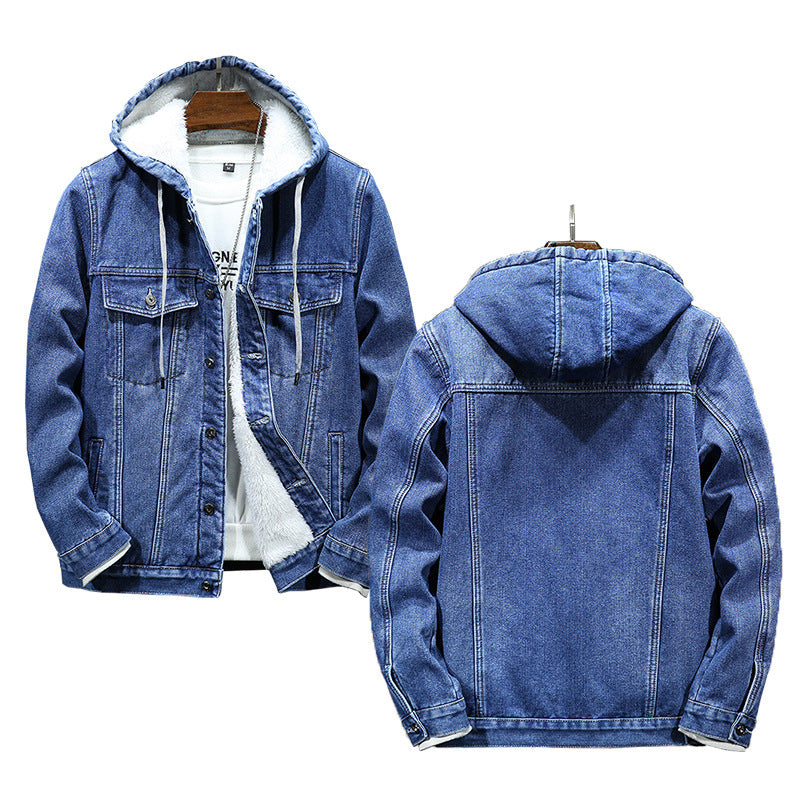Warm Thick Men's Cotton Coat Winter Faux Shearling Hooded Quilted Denim Jacket