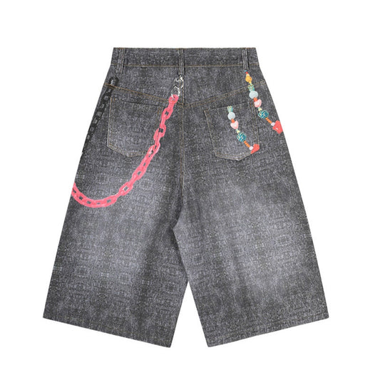 Chain Printed Denim Shorts - Premium Japanese Streetwear