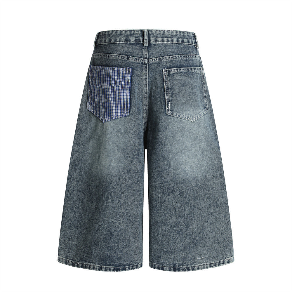Punk Washed Distressed Denim Shorts for Men with Plaid Belt and Contrast Pockets