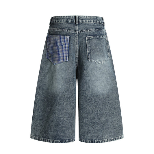 Punk Washed Distressed Denim Shorts for Men with Plaid Belt and Contrast Pockets