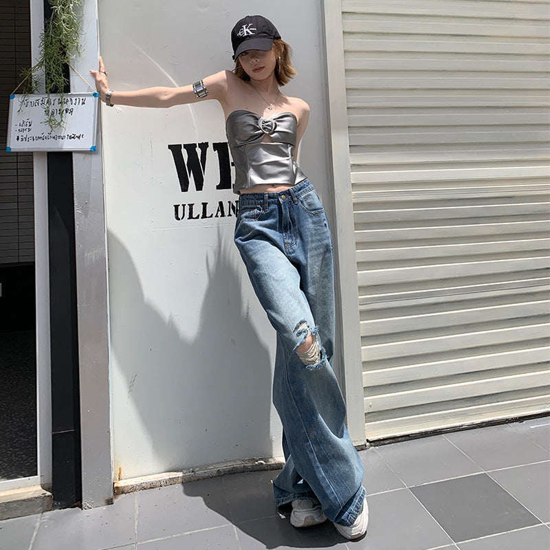 Women's Denim Blue Distressed Wide Leg Pants - Loose Fit Slimming Floor Length Trousers