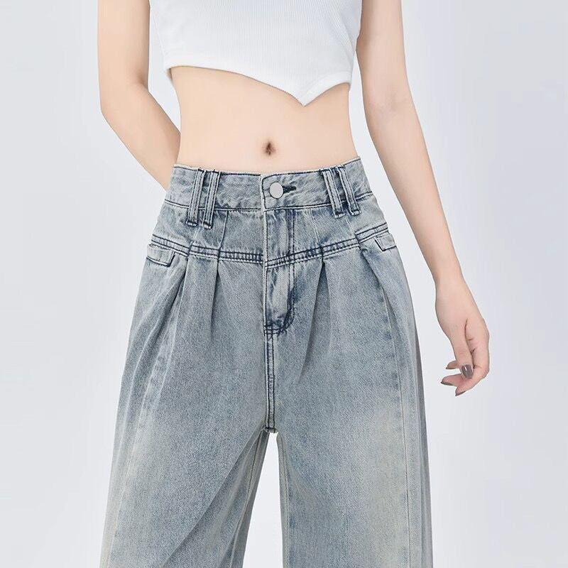 Neutral Trendy Straight Wide-Leg Jeans for Women - Spring Loose Slimming Floor-Length Denim Pants