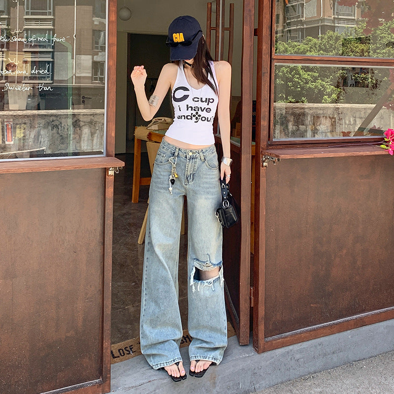 Light Blue Distressed Wide-Leg Jeans for Women - Retro Loose Straight Pants