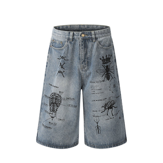 Wide Leg Denim Cropped Pants with Insect Graffiti