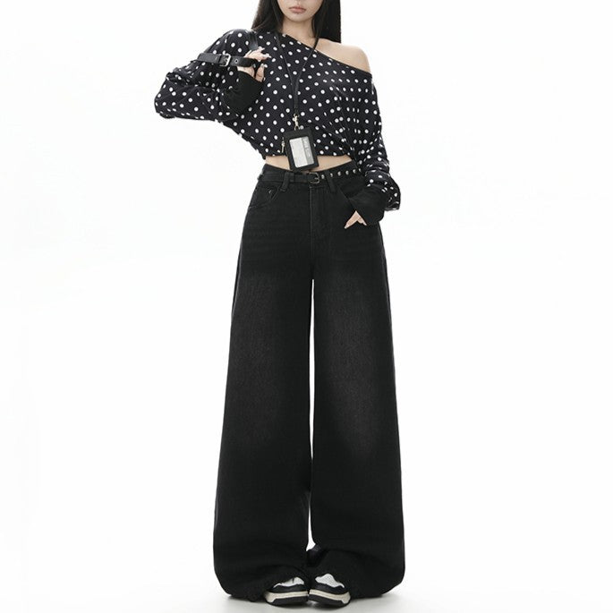 Style Black Gray High Waist Jeans for Women - Loose Slim Straight Leg Wide Leg Long Pants