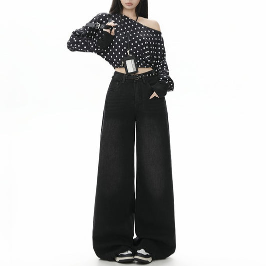Style Black Gray High Waist Jeans for Women - Loose Slim Straight Leg Wide Leg Long Pants