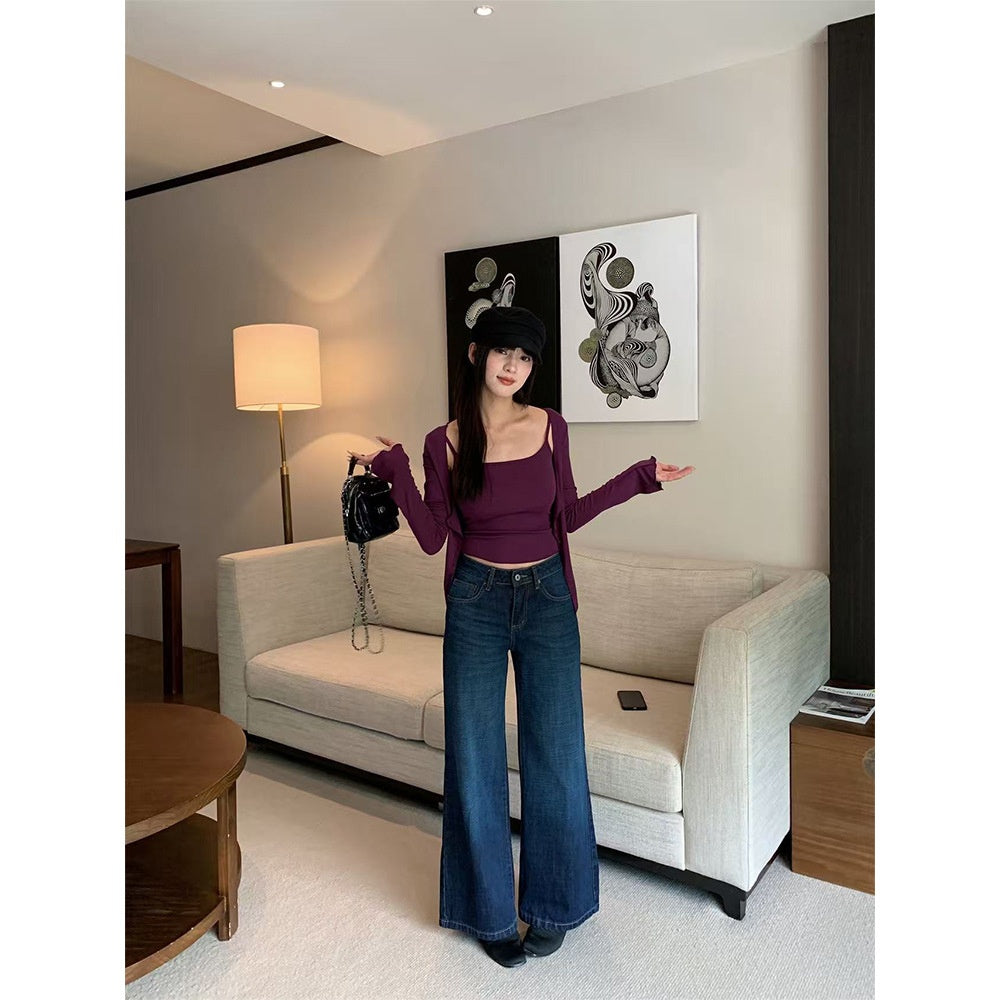 Textured Denim Wide-Leg Pants for Women, Slimming and Versatile