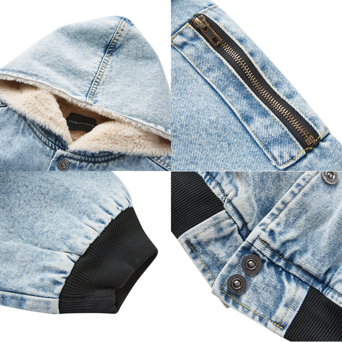 Rabbit Fur Mountain Carving Denim Blue Snowflake Pattern Jacket for Men and Women