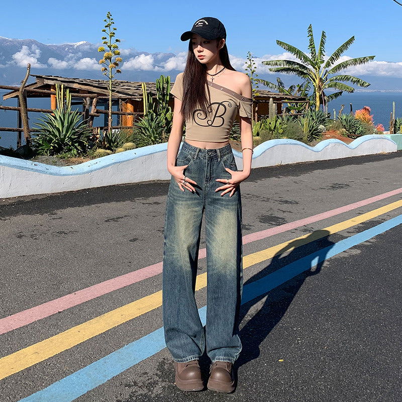 Vintage Wide-Leg Jeans for Women - High-Street Loose and Slim Straight Pants