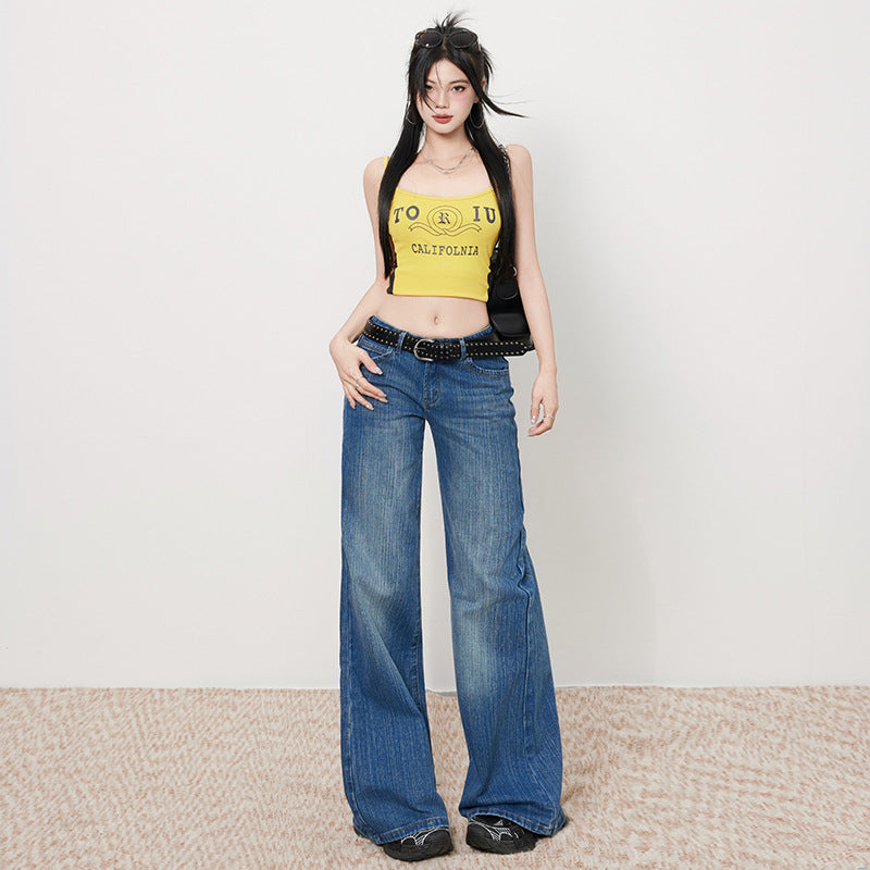 Women's Bamboo Water Washed Straight Leg Jeans - Low Waist Slim Wide Leg Pants