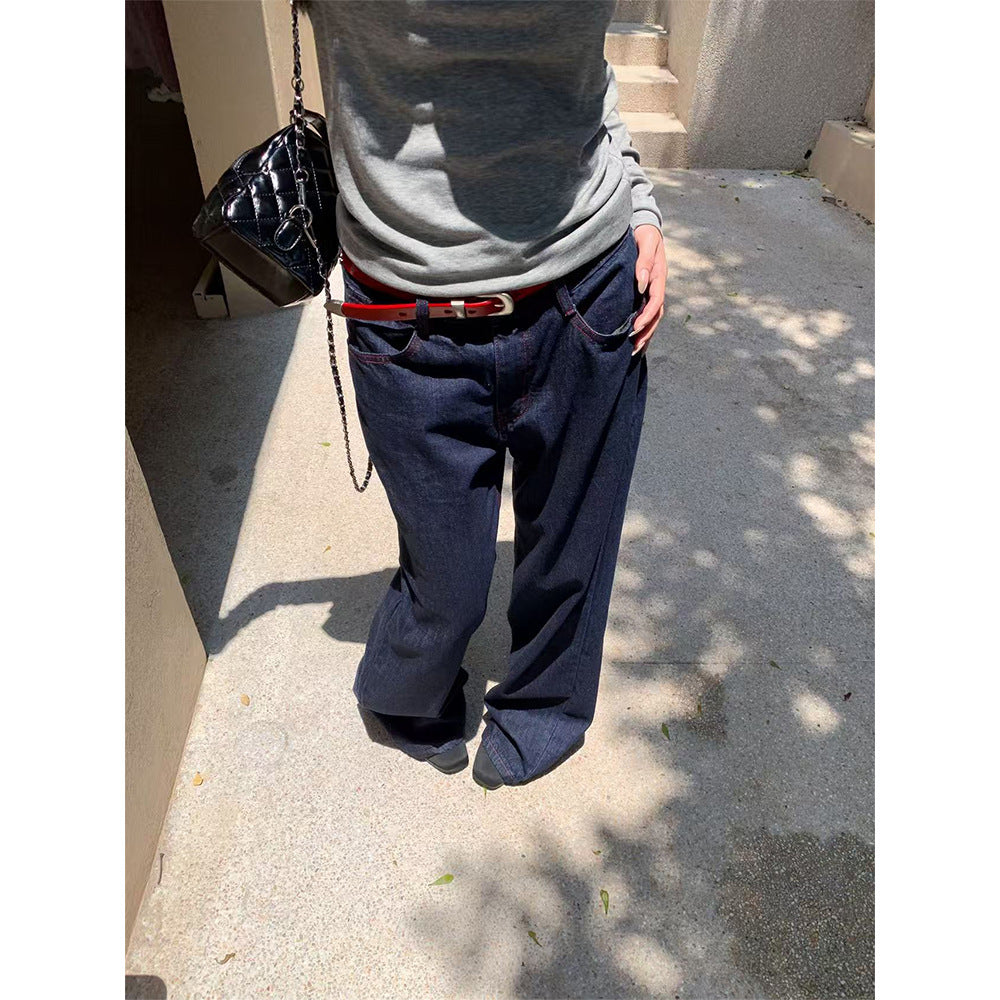 Retro Topstitching Denim Pants - Women's Straight Leg Jeans