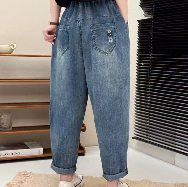 Thin Blue Denim Harem Pants for Women - Loose and Slimming Casual Nine-Point Pants