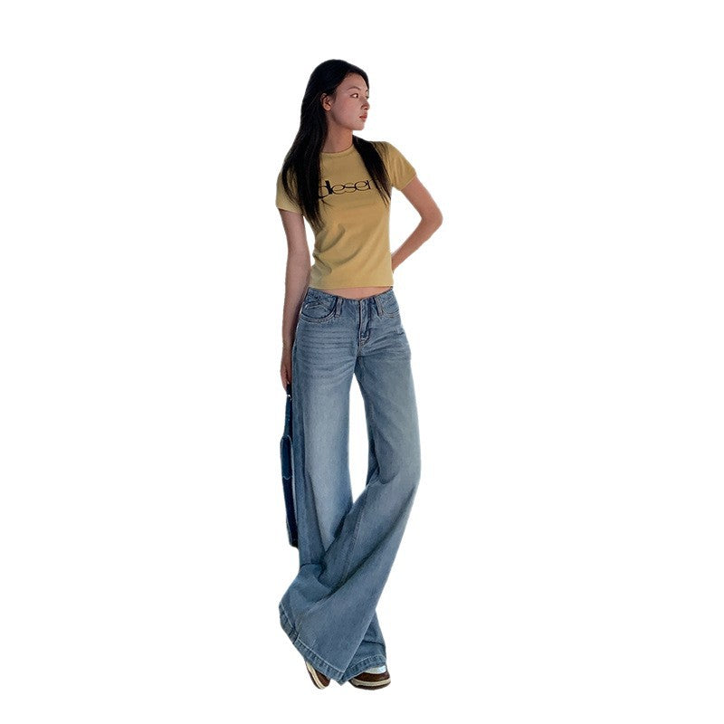 Thin Waist-Free Cool Tencel Low-Waist Flared Pants for Women - Vintage Washed Drape Straight Jeans