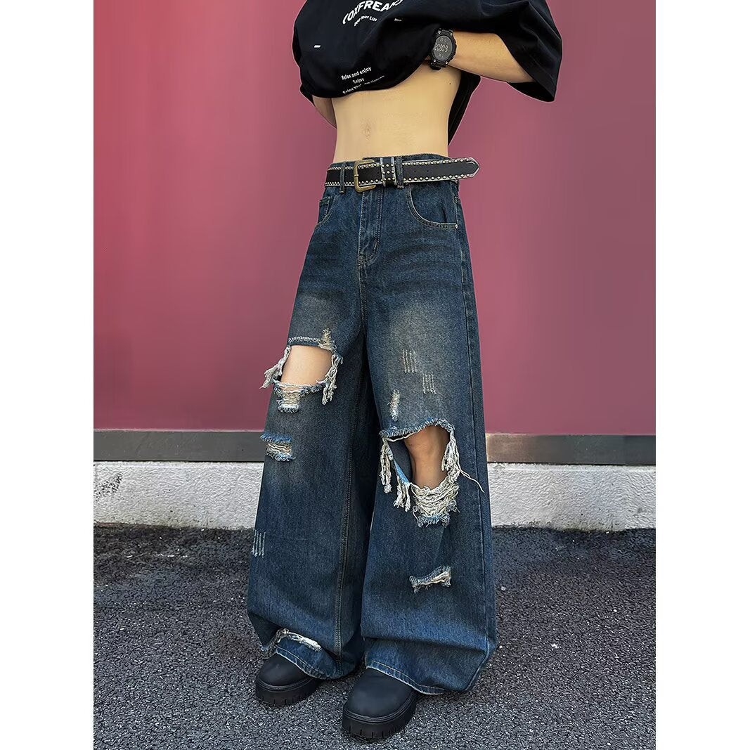 Pierced Floor Mopping Denim Distressed Straight Leg Wide Leg Pants