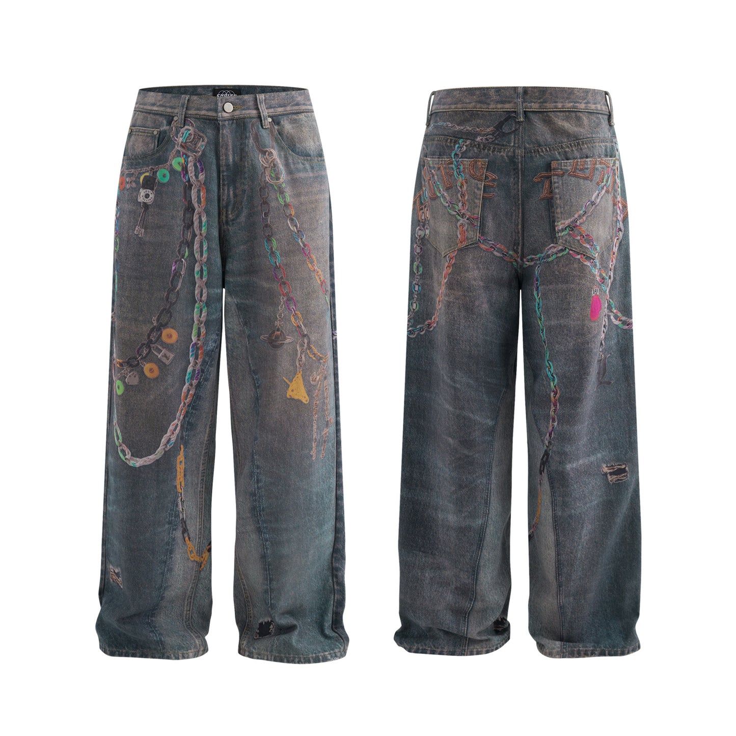 High Street Waste Soil Feng Shui Wash 3D Printed Wide Leg Jeans