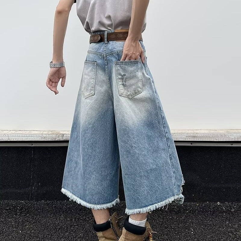 Premium Ripped Denim Straight Leg Cropped Pants