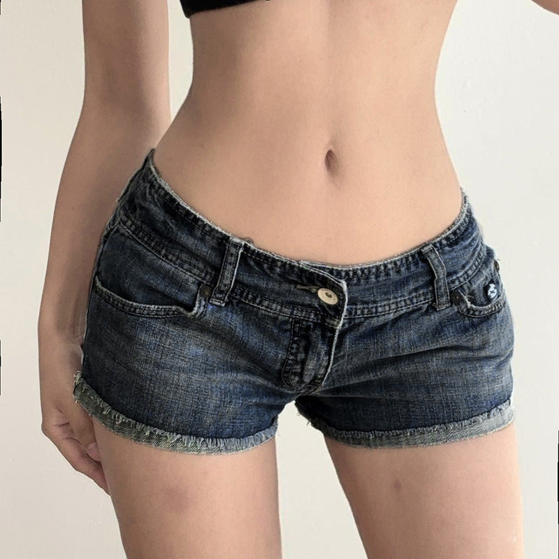 Retro Washed Blue Low Waisted Denim Shorts