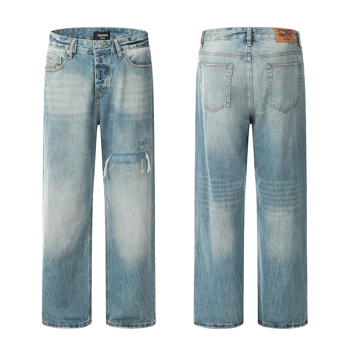 Premium Blue Denim Pants for Men and Women - Knife-Cut Destruction, Water Washed, Wide-Leg Casual Trousers