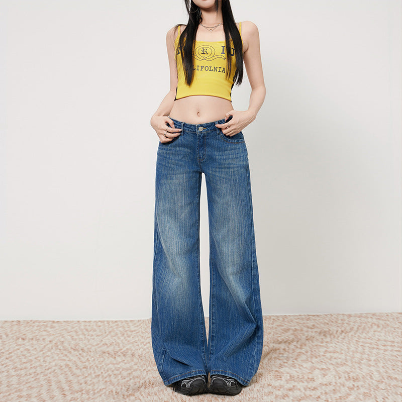 Women's Bamboo Water Washed Straight Leg Jeans - Low Waist Slim Wide Leg Pants