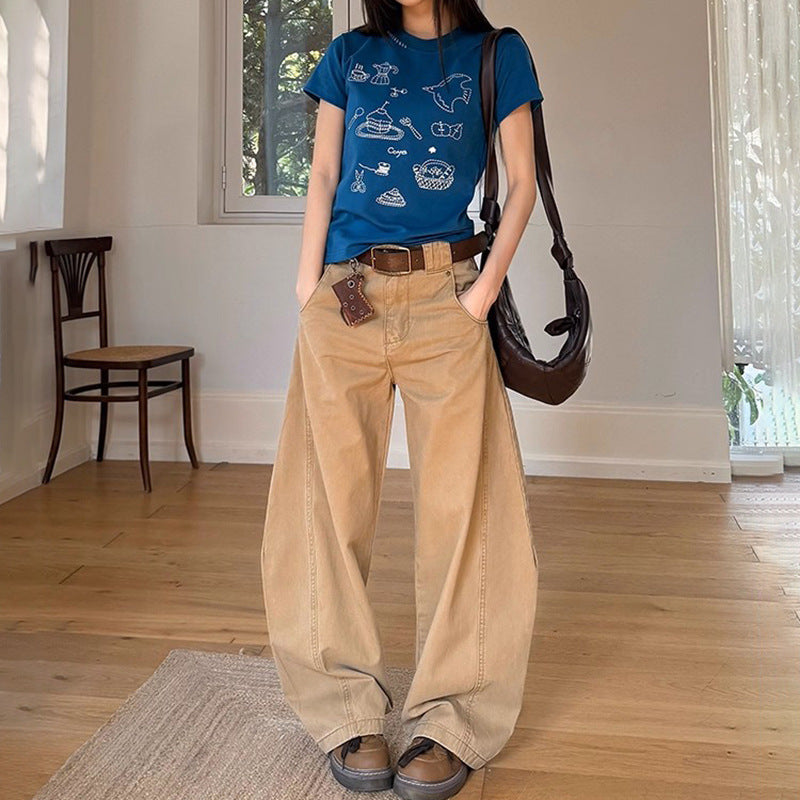 Spliced Wide-Leg Jeans with Vintage Design and Water-Washed Cutting for Women