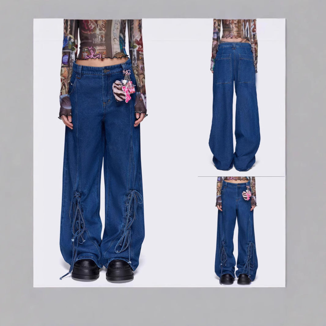 Premium Japanese Denim Wide Leg Pants with Lace-Up Detail