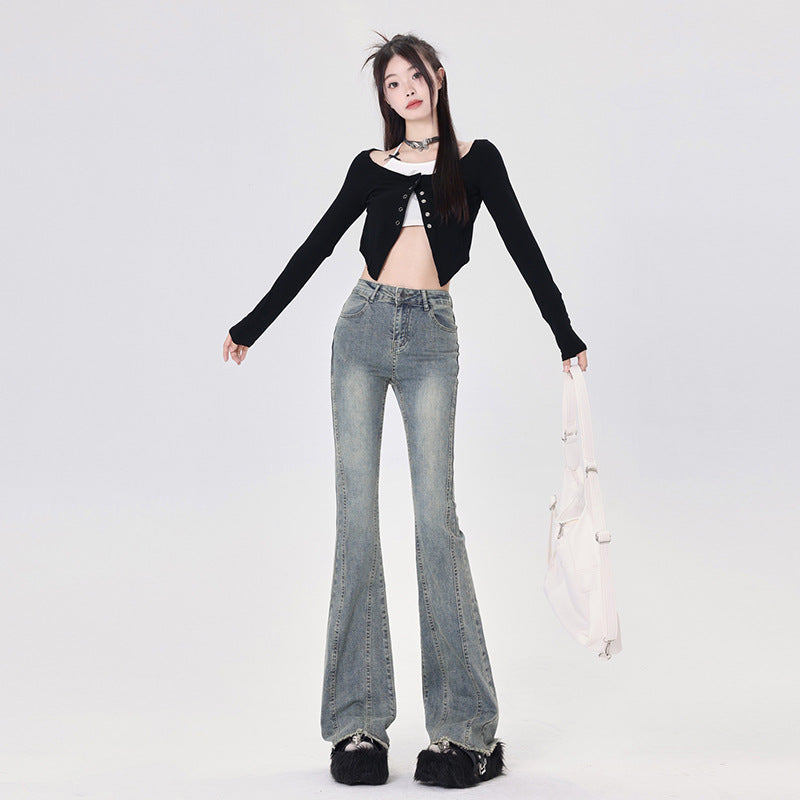 Women's Flared Denim Pants - Drape Slim Wide-Leg Floor-Length Trousers