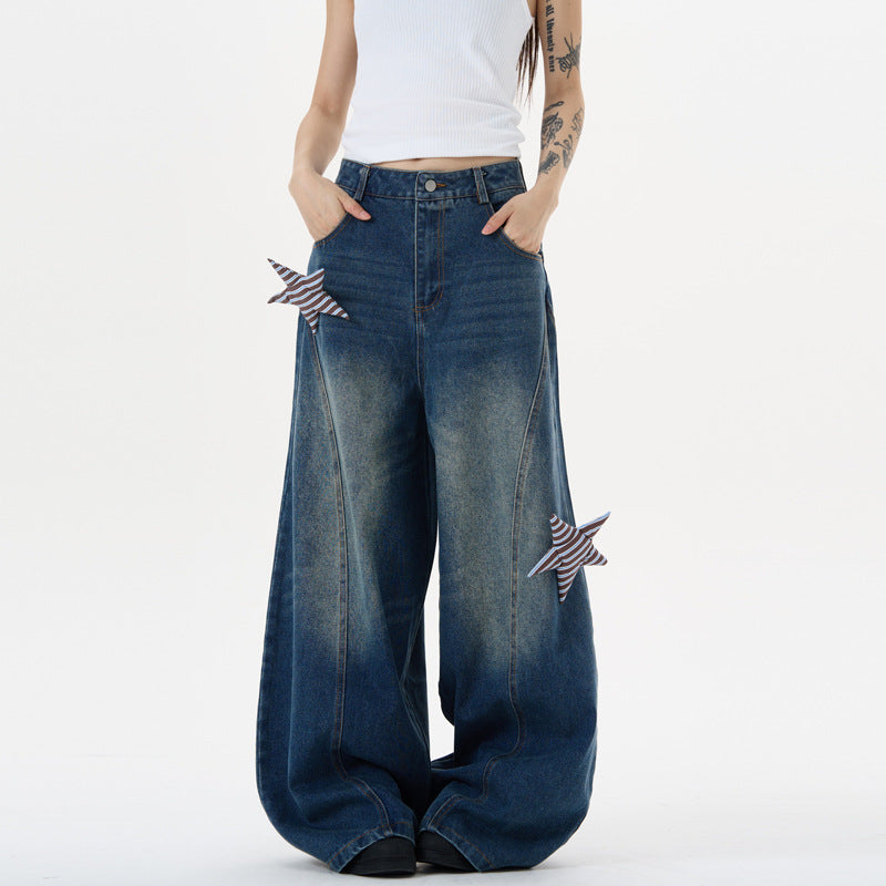 Summer Design Star Patch Fabric Silhouette Curved Knife Pants