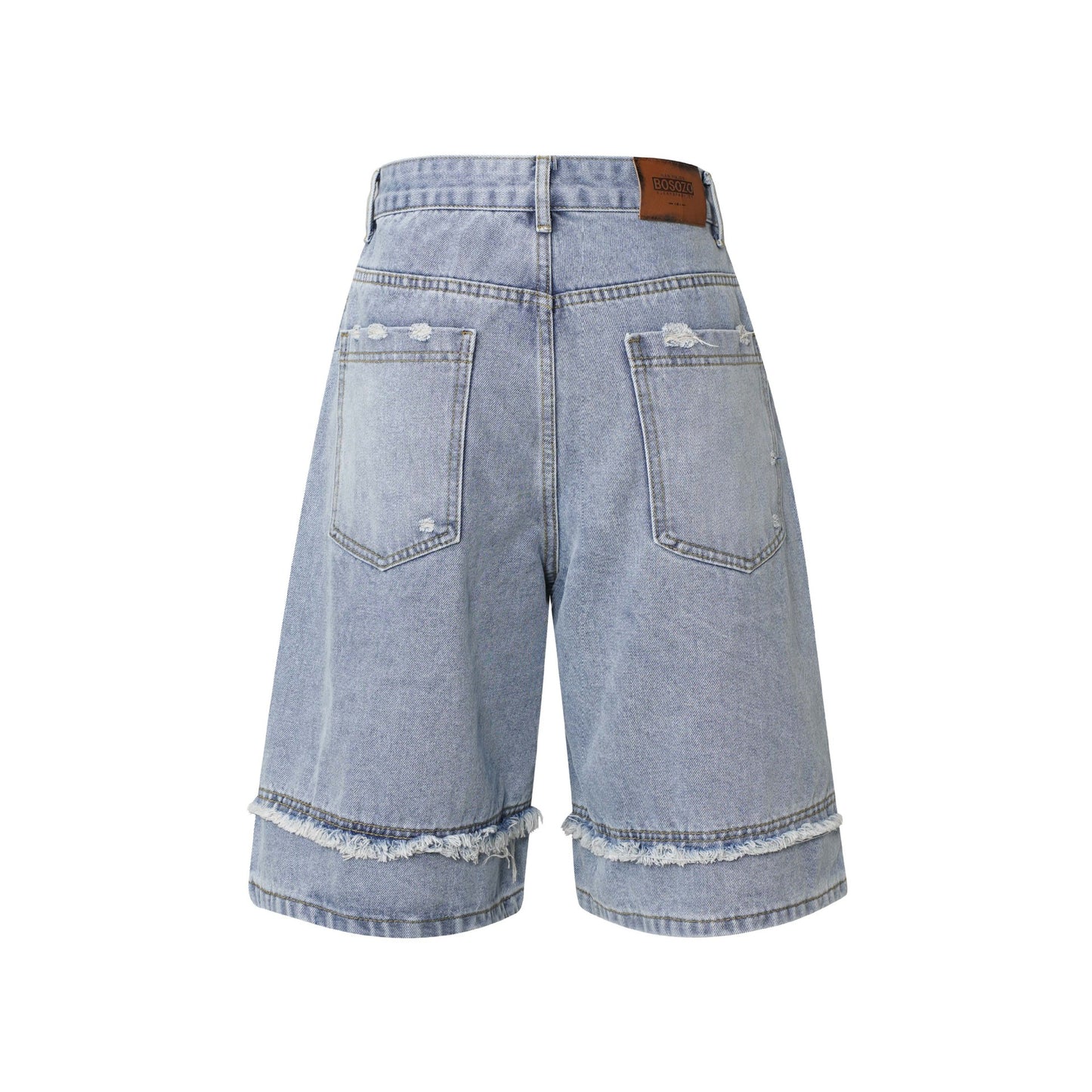Washed Distressed Patchwork Cat Whisker Denim Shorts - Unisex Loose Wide Leg Pants