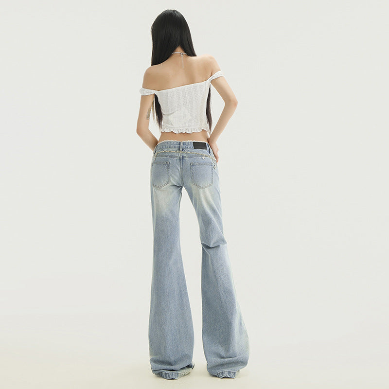 Women's Lace Splicing Flared Denim Pants - Slim Low Waist Ankle-Length