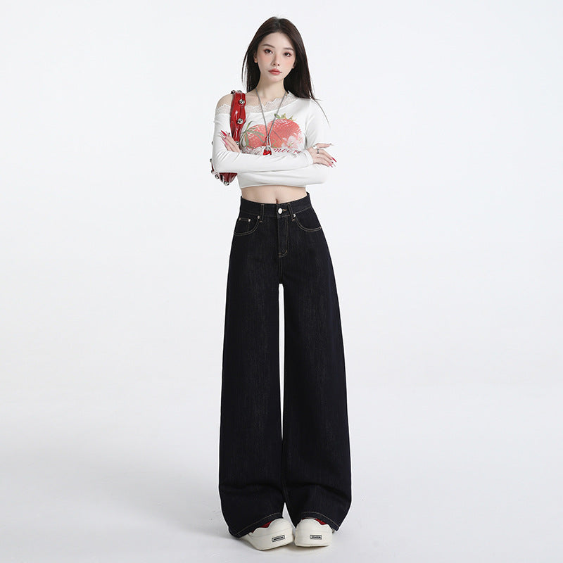 Women's Dark Blue High Waist Loose Straight Leg Jeans - Versatile Comfort