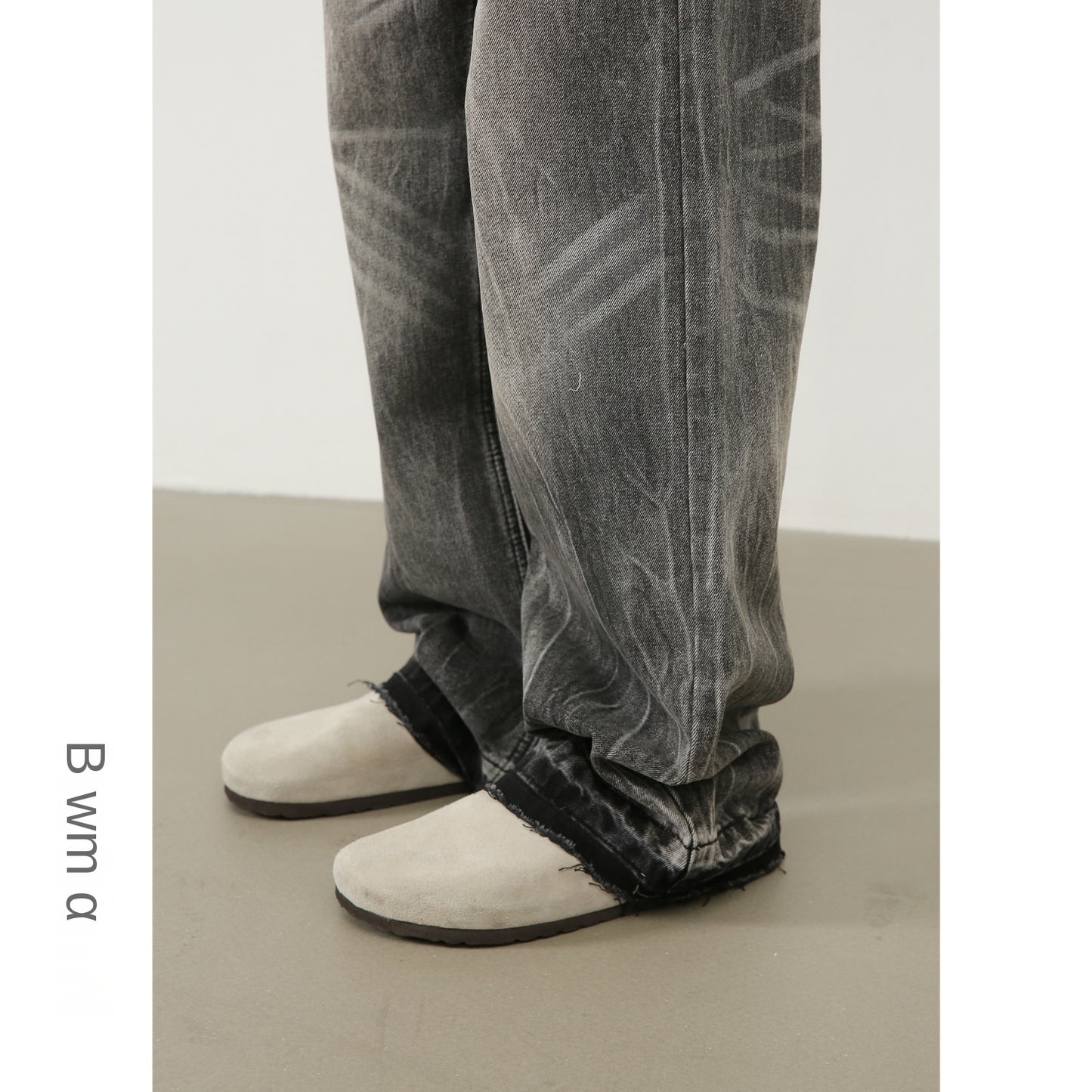 Denim | Frayed Hem Washed Gray Men's Jeans with Whiskers