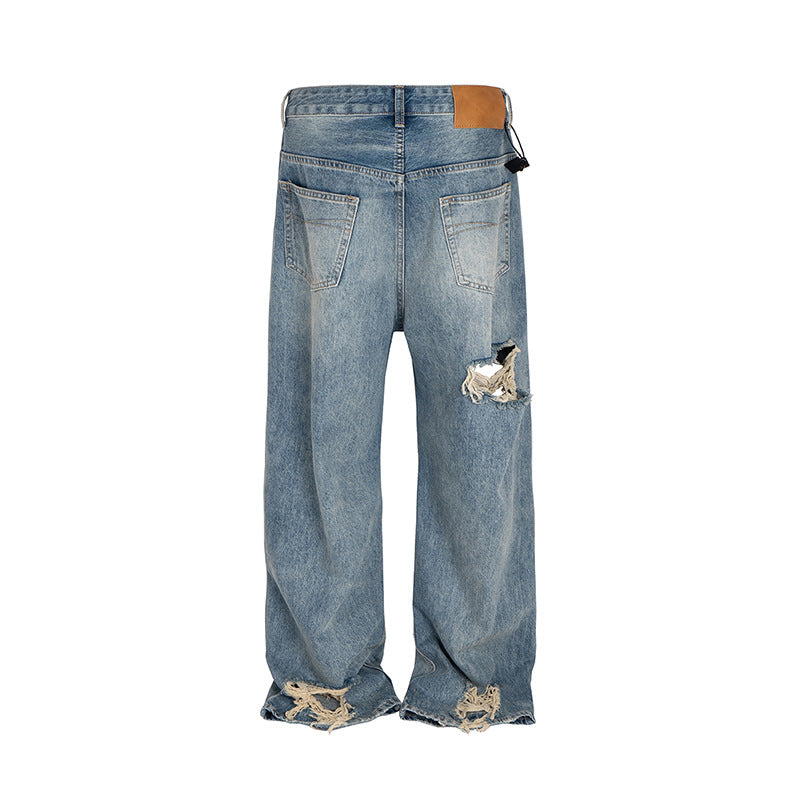 High Street Distressed Hole Denim Long Pants - Washed Loose Wide Leg Jeans