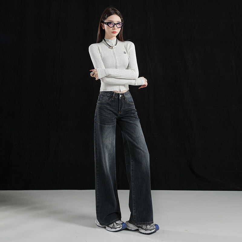 High Waist Loose Straight Leg Slim Fit Denim Pants for Women