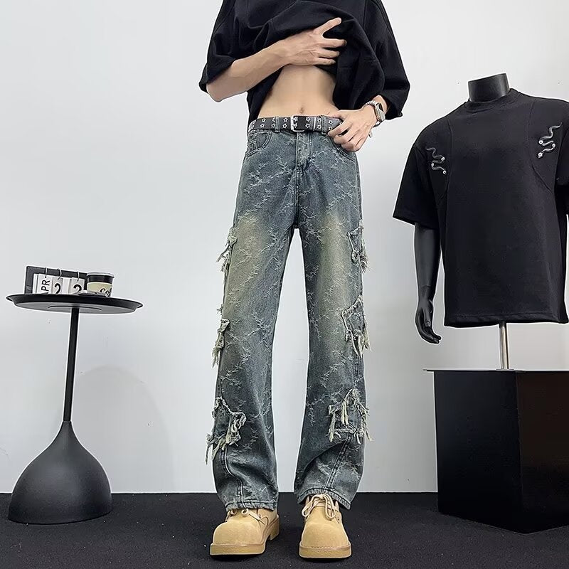 Star Jacquard Fringed Jeans - Premium Japanese Denim