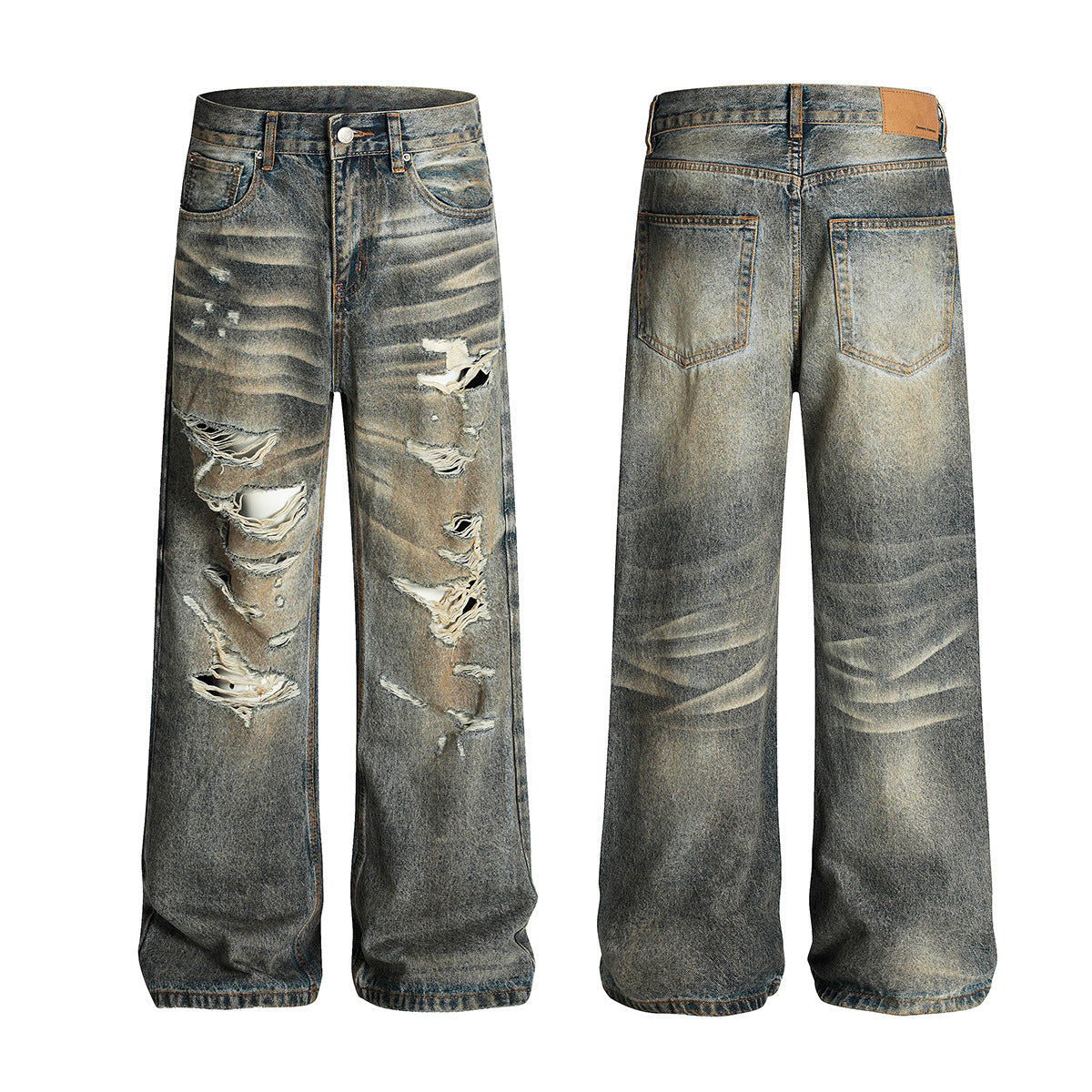 Dirty Dye Washed Ripped Denim Straight Leg Personalized Wide Leg Pants