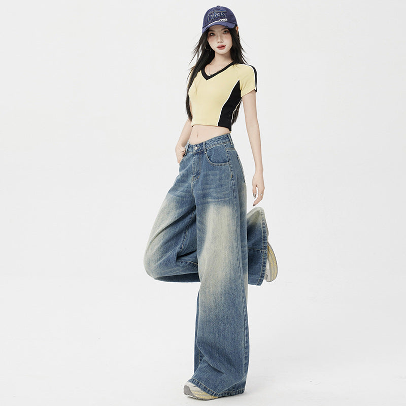 Women's Washed Vintage Blue Draped Loose High-Waist Wide-Leg Jeans