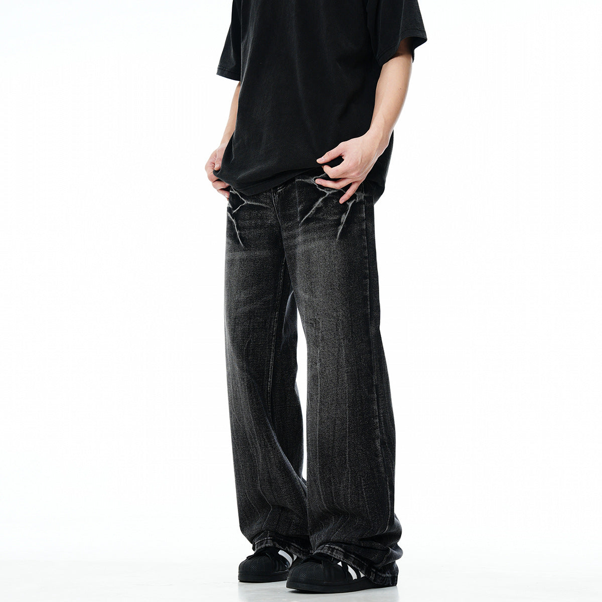 High Street Lightning Crack Washed Denim Trousers - Faded Cat Whiskers Loose Flared Jeans