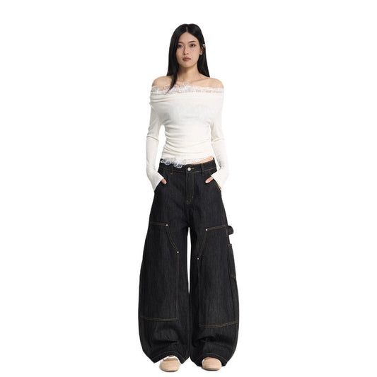 Women's Wide-Leg Original Black Denim Pants - Loose Casual Versatile Long Trousers