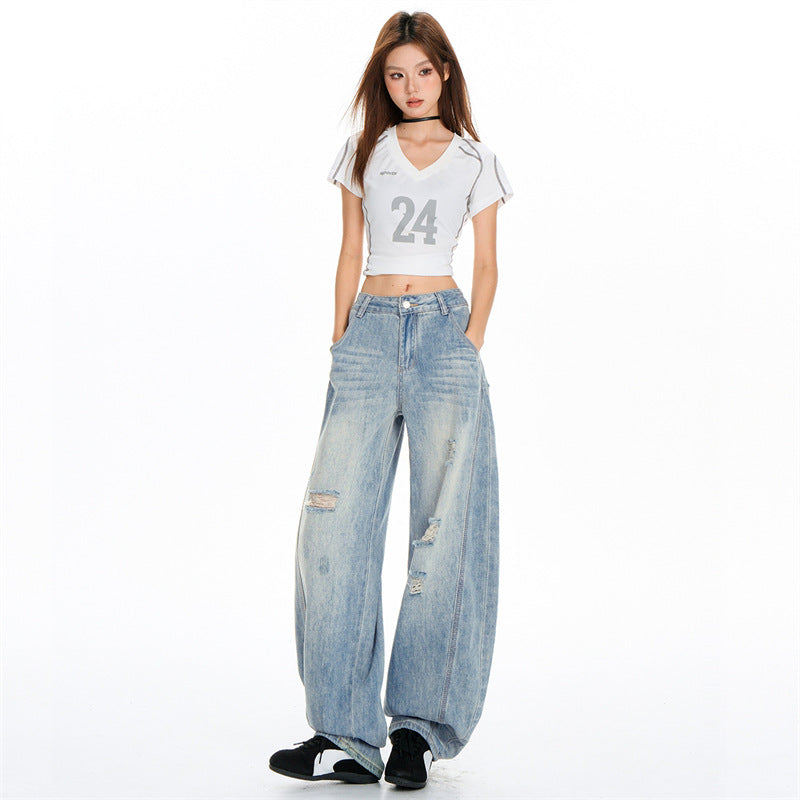 Distressed Slash Jeans for Women - Summer Loose Fit Straight Leg Wide Leg Pants