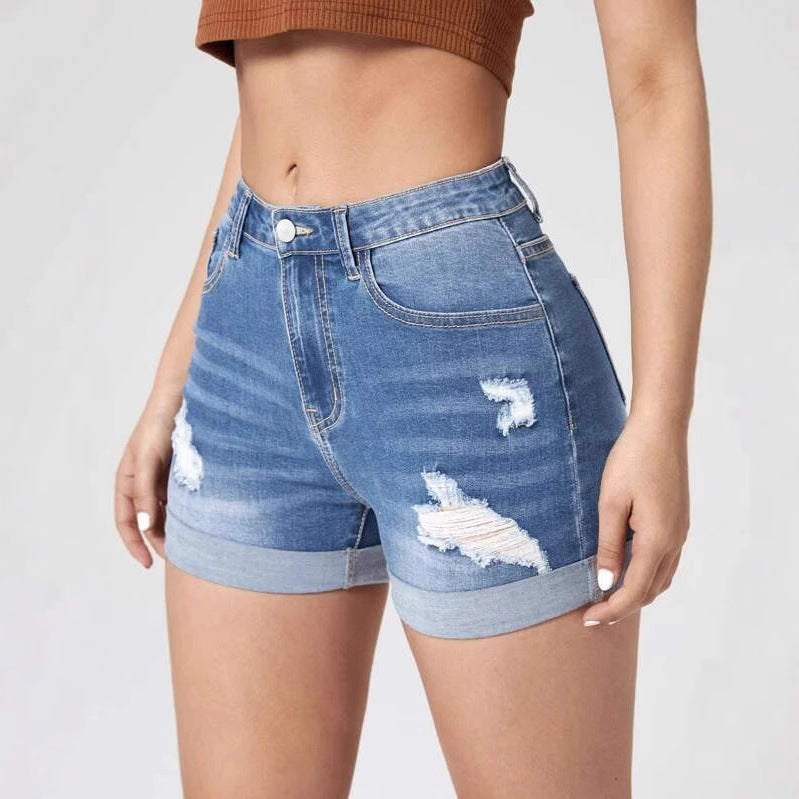 Elastic High-Waist Distressed Cuffed Denim Shorts for Women