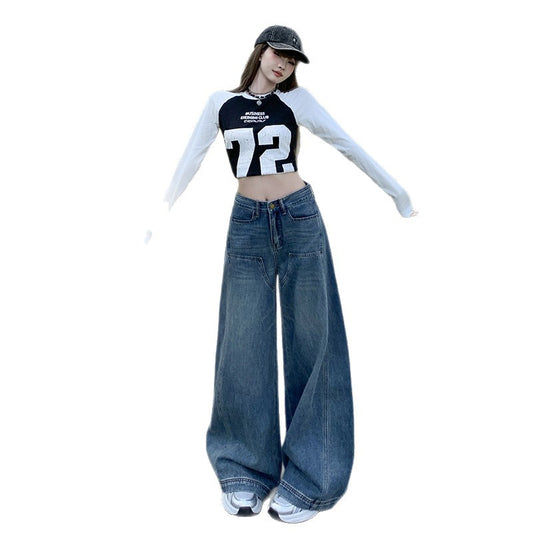 Retro Street Style High-Waist Loose Fit Slimming Versatile Washed Floor-Length Wide-Leg Jeans for Women