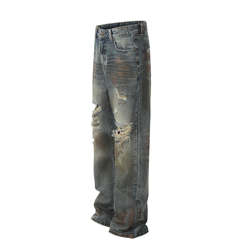 Dirty Dyed Worn Ripped Slightly Flared Jeans - Premium Japanese Denim