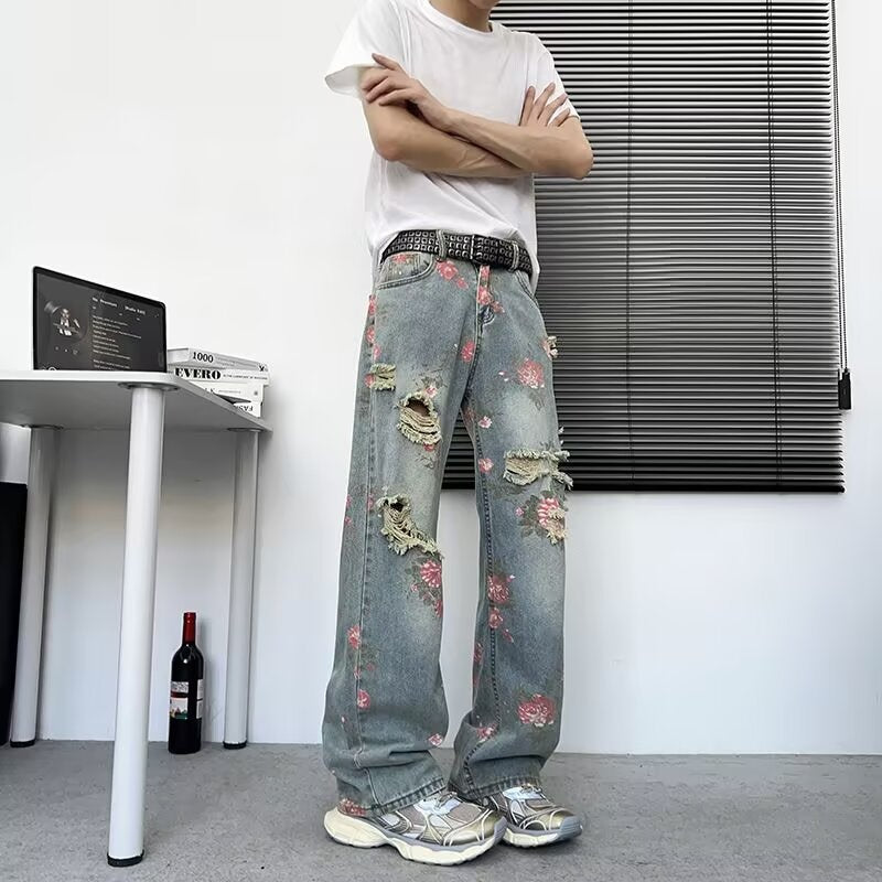 Thin Breathable Distressed Semi Elastic Waist Bending Knife Pants