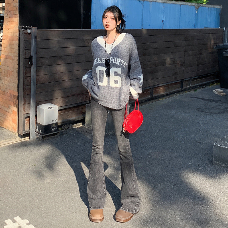 Women's Flared Jeans Double Button Elastic Fitted Versatile Flare Pants