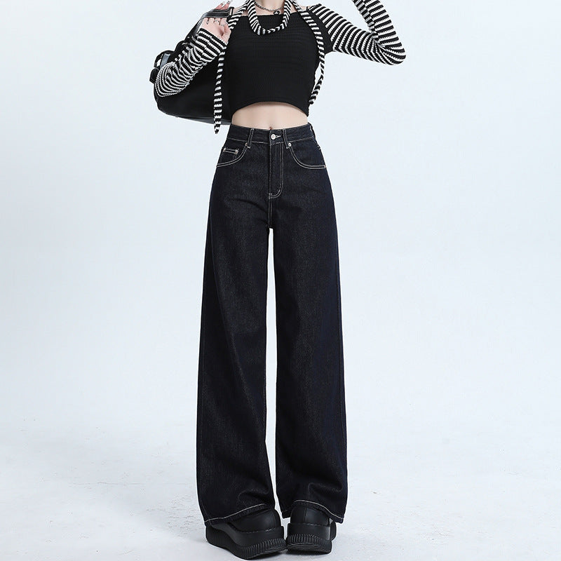Women's Deep Blue Wide-Leg Slimming Jeans High-Waisted Loose Straight Pants