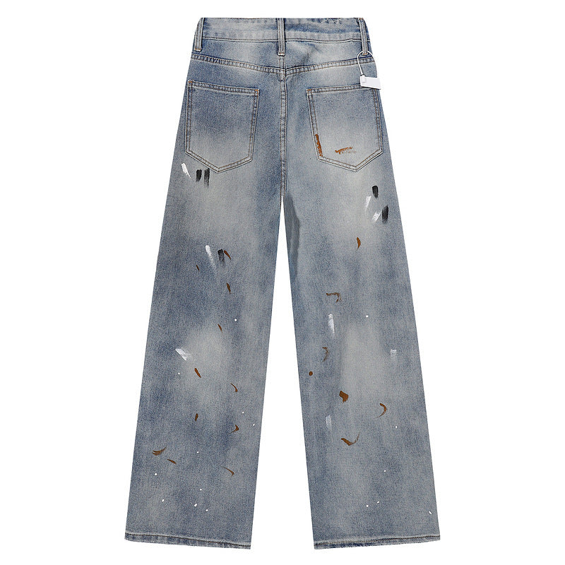 Loose Straight Leg Jeans with Hand-Painted Wide Leg Design