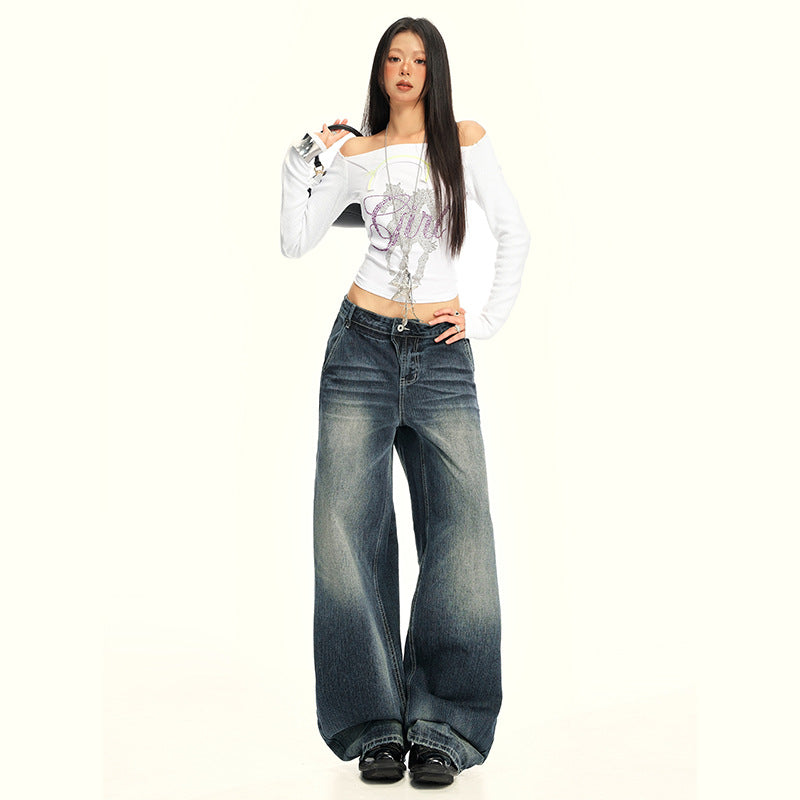 Women's Washed Straight Jeans - Loose Floor-Length Wide-Leg Pants